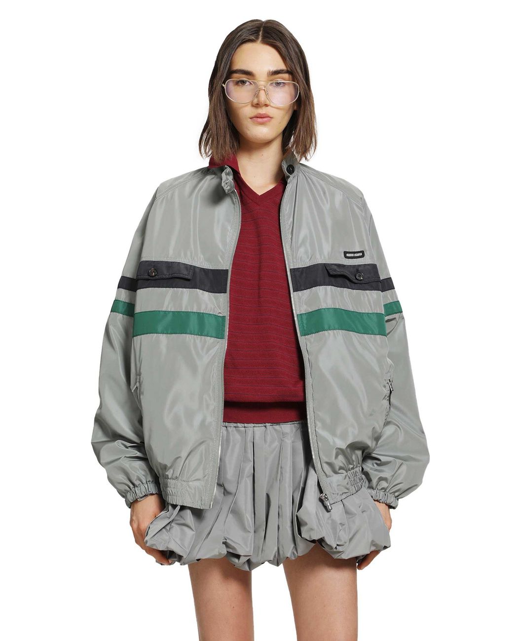 Miu Miu Gray Technical Silk Jacket Track Jacket