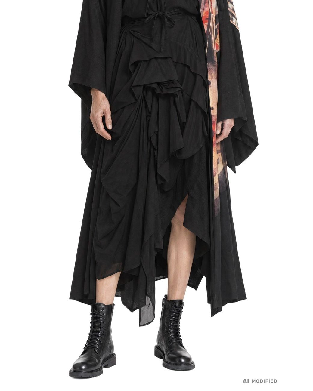 Yohji Yamamoto Black Twill Tucked Voluminous Skirt
