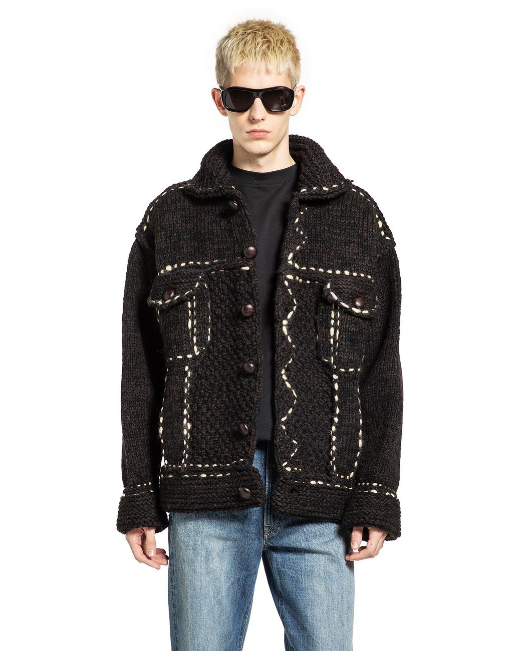 Kapital Black Wool Hand Knit Cowichan G-Jacket for men