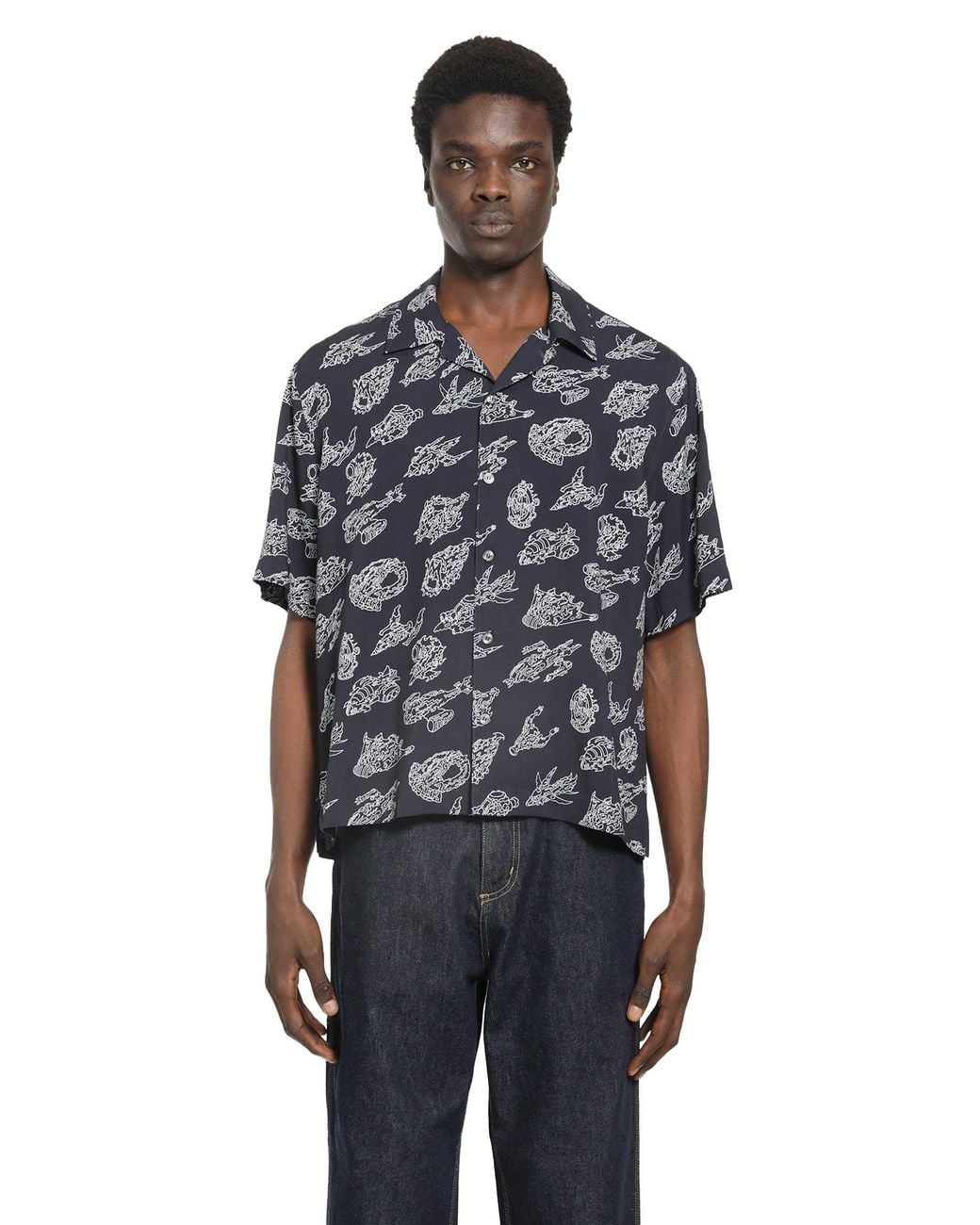 Moncler Blue Printed Short Sleeve Shirt for men