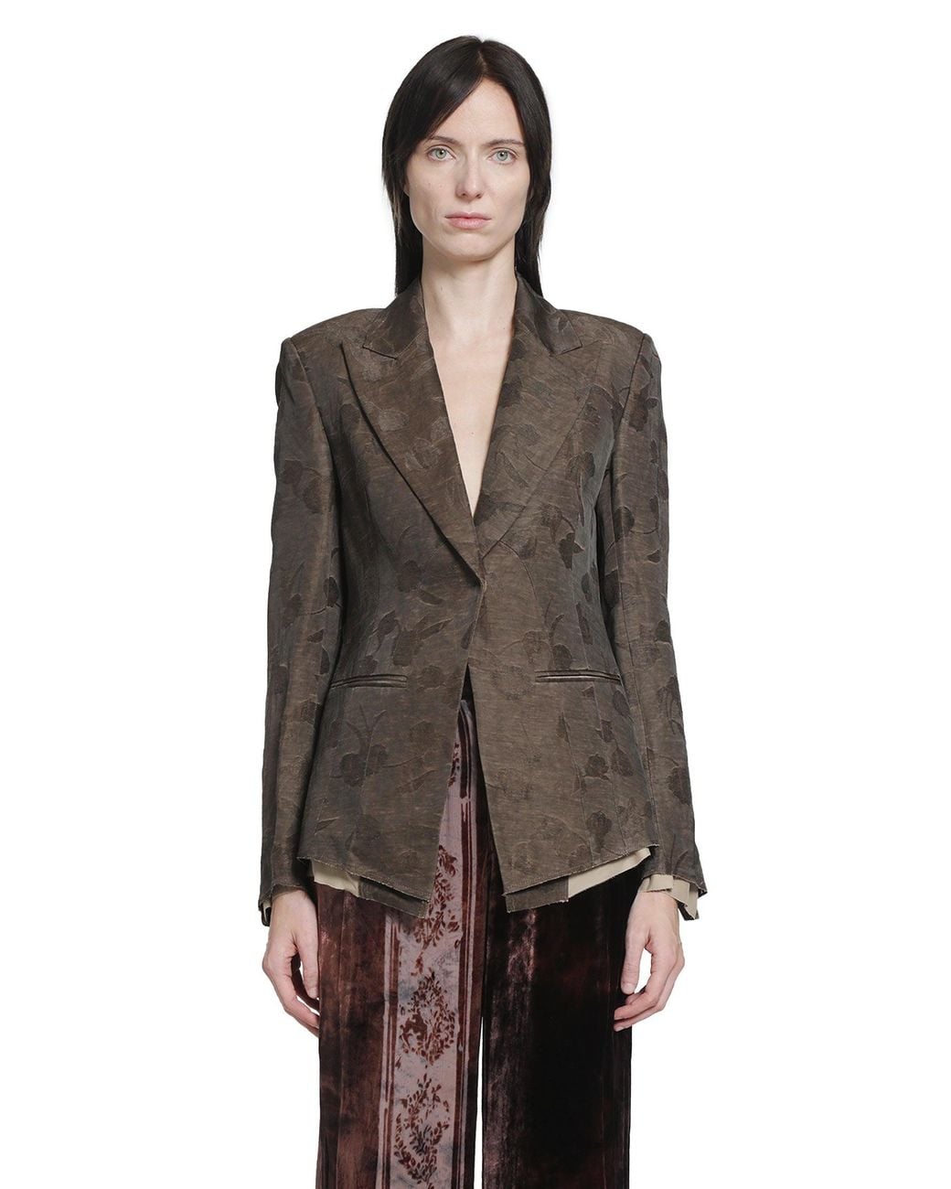 YA YI Brown Floral Viscose Linen Blazer