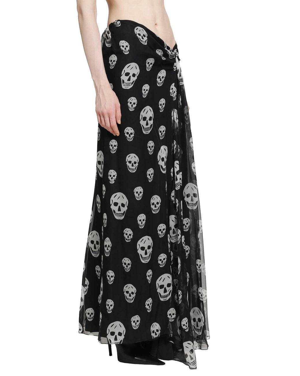 McQueen Black Skull Print Draped Maxi Skirt