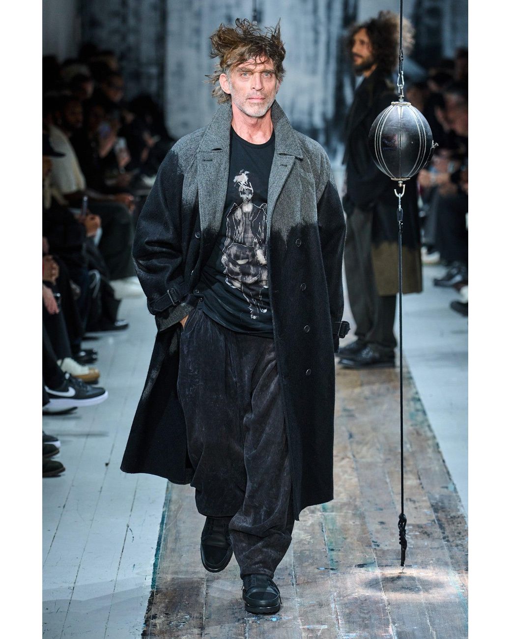 Yohji Yamamoto Black Needle Punched Herringbone Coat for men