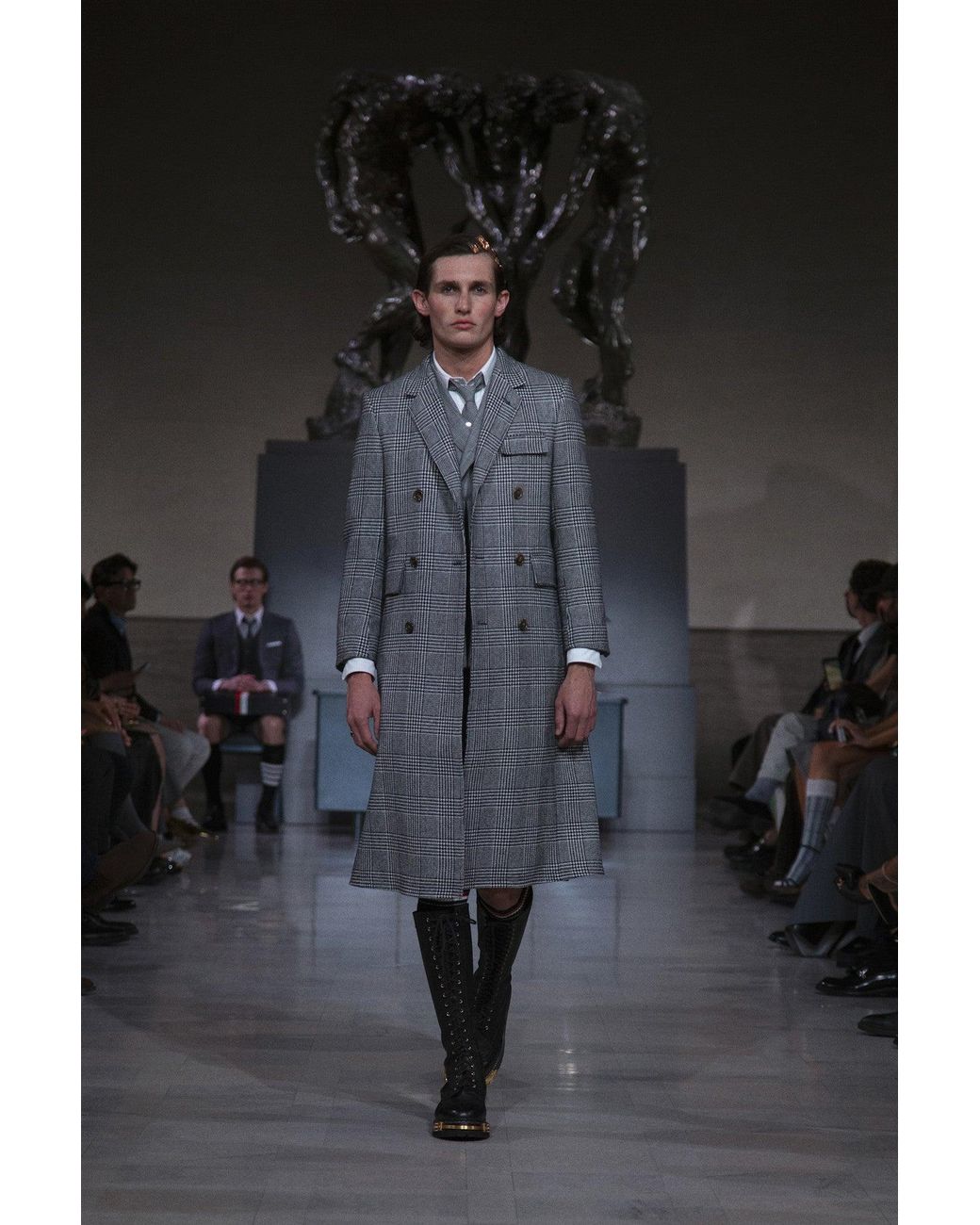 Thom Browne Gray Prince Of Wales Wool Chesterfield Overcoat for men