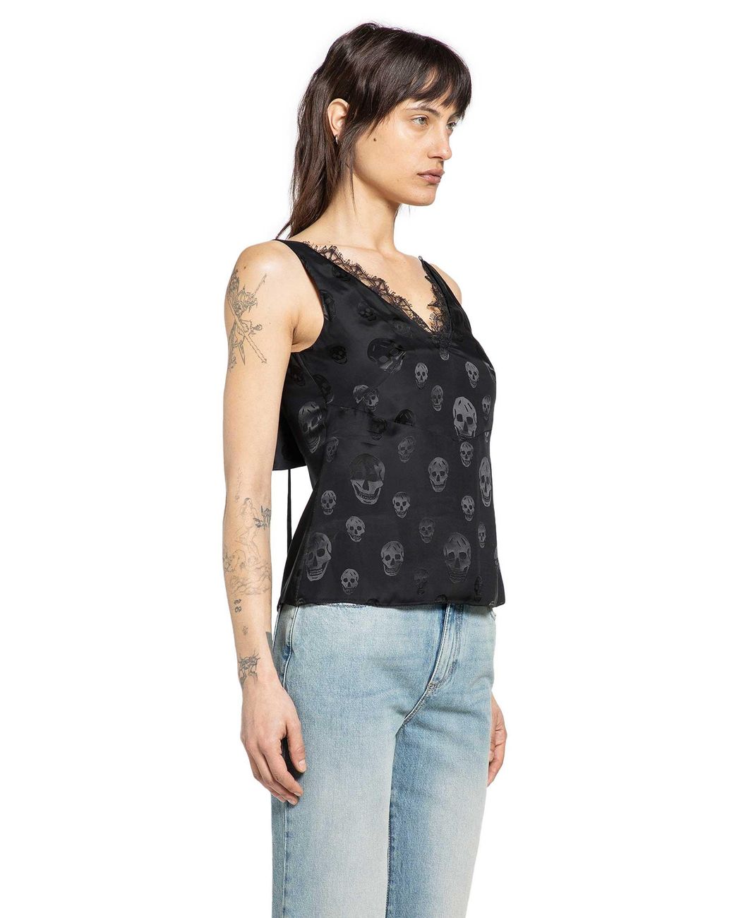 McQueen Black Skull Print Lace Trim Top