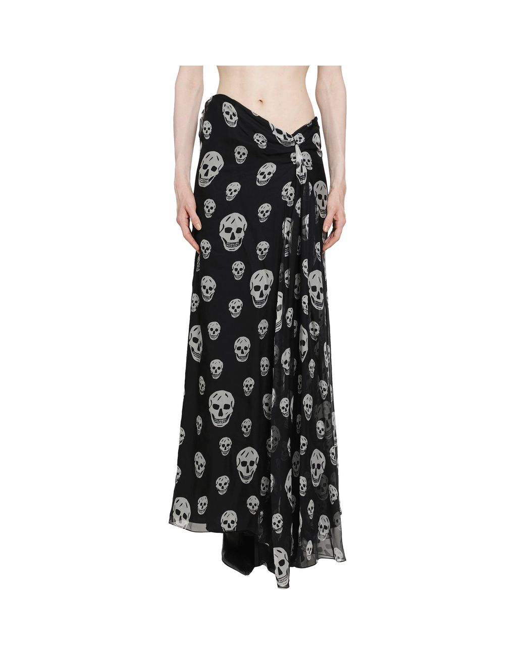 McQueen Black Skull Print Draped Maxi Skirt