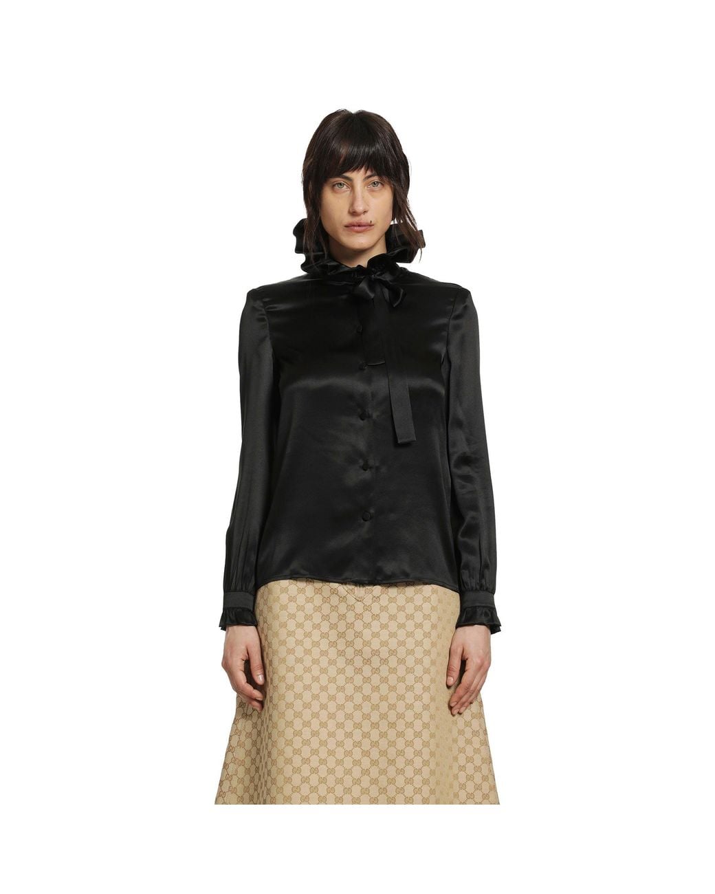 Gucci Black Silk Satin Ruffled Shirt