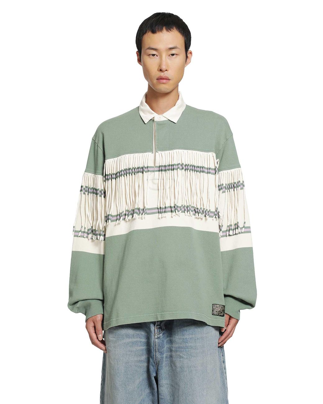 Kapital Green Panel Stripe Jersey Fringed Rugby Polo for men