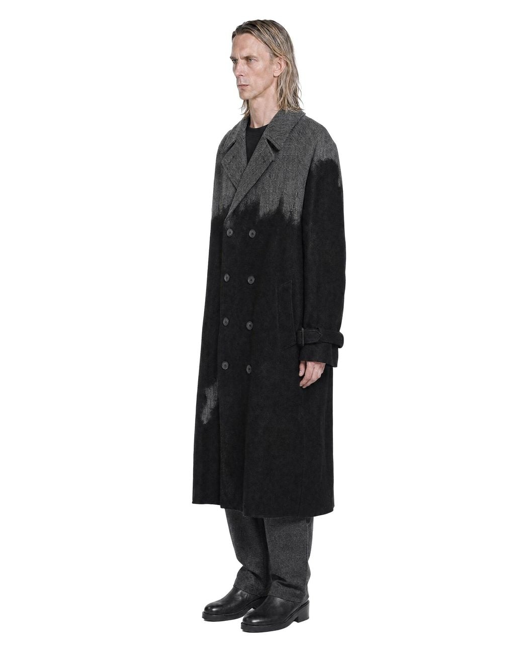 Yohji Yamamoto Black Needle Punched Herringbone Coat for men
