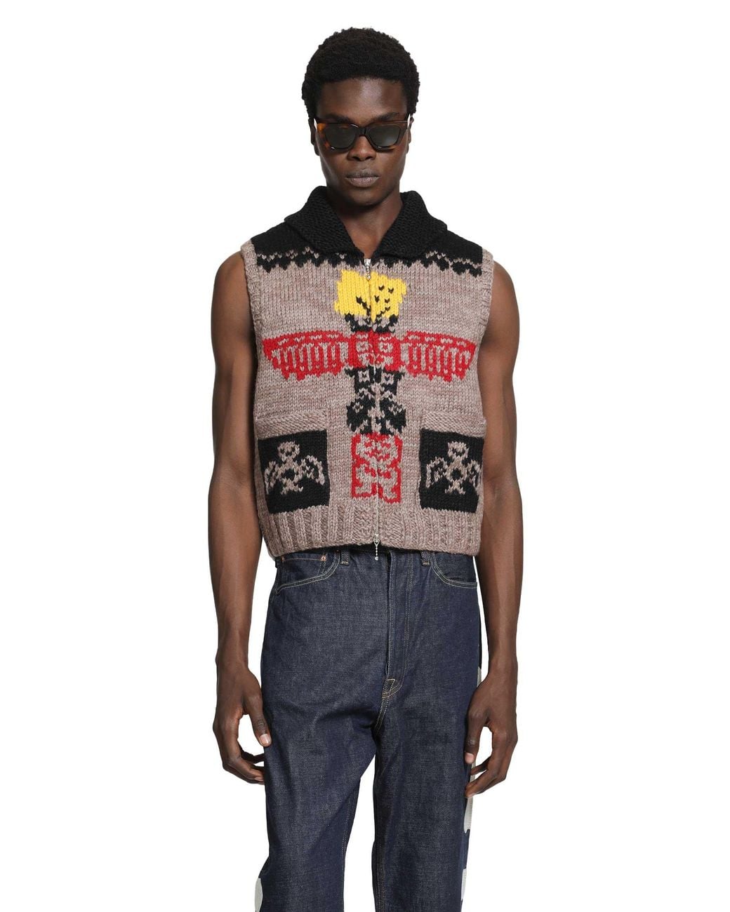 Kapital Red Hand Knit Peckish Totem Pole Vest for men