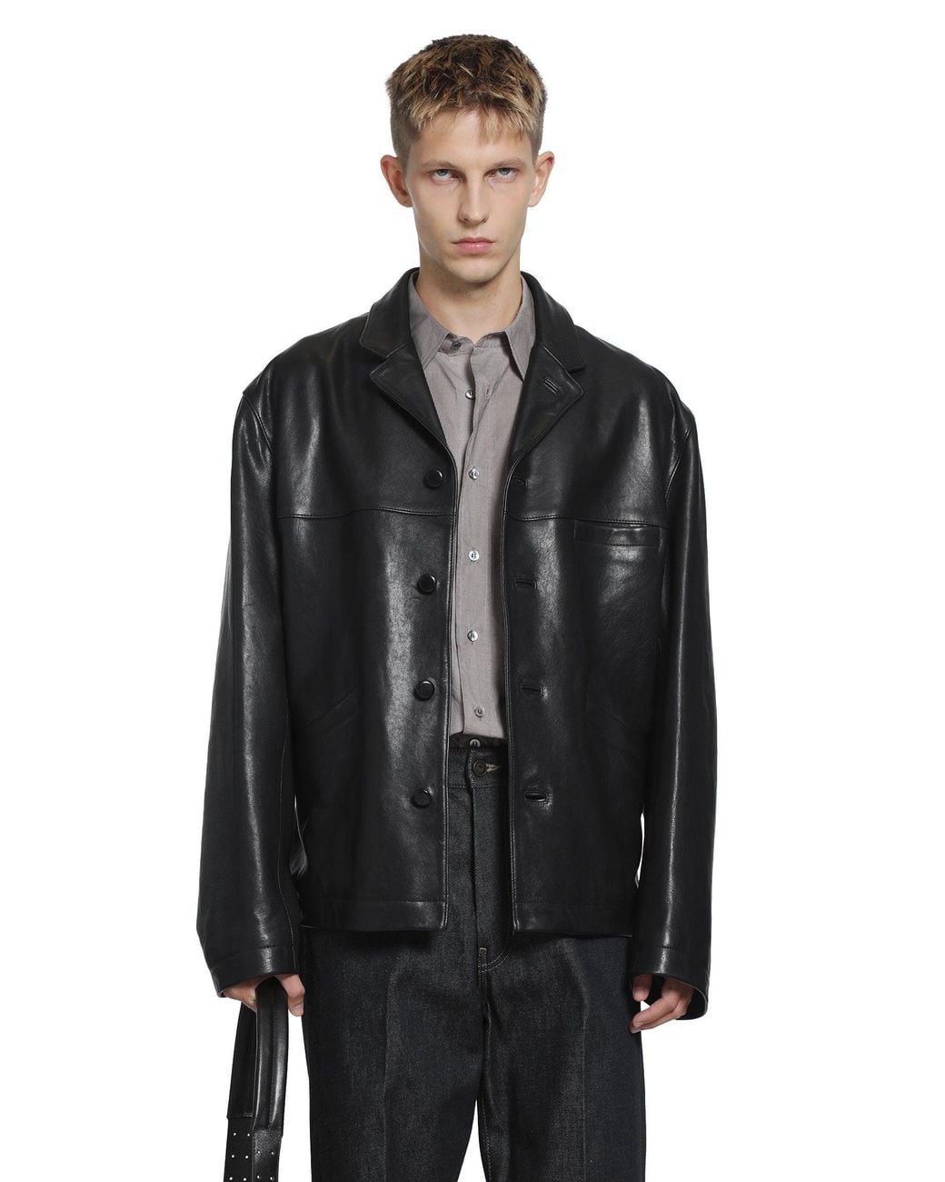 Lemaire Black Leather Single Breasted Jacket for men