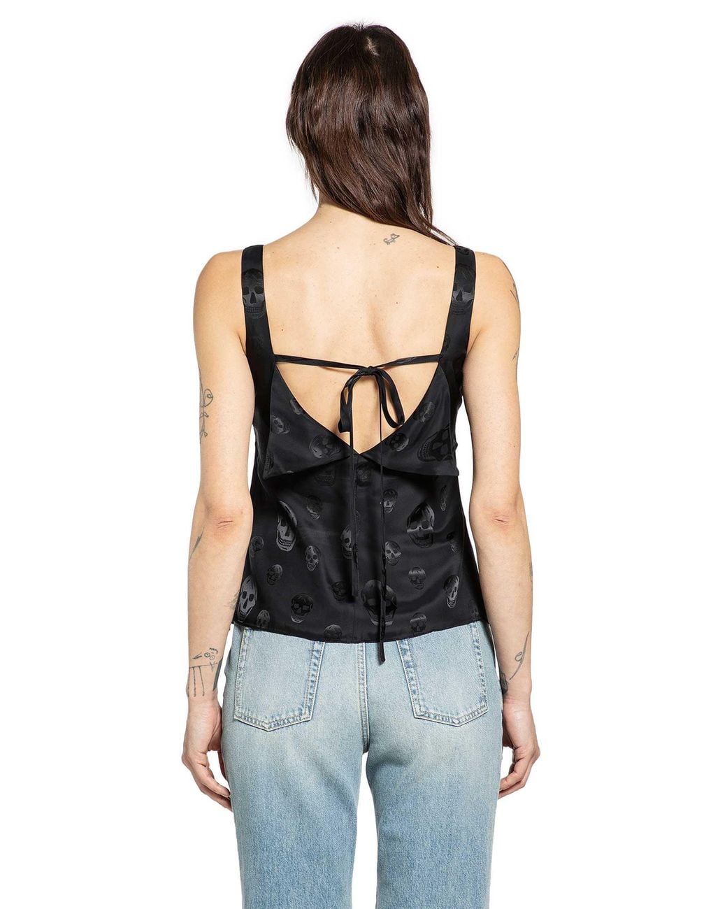 McQueen Black Skull Print Lace Trim Top