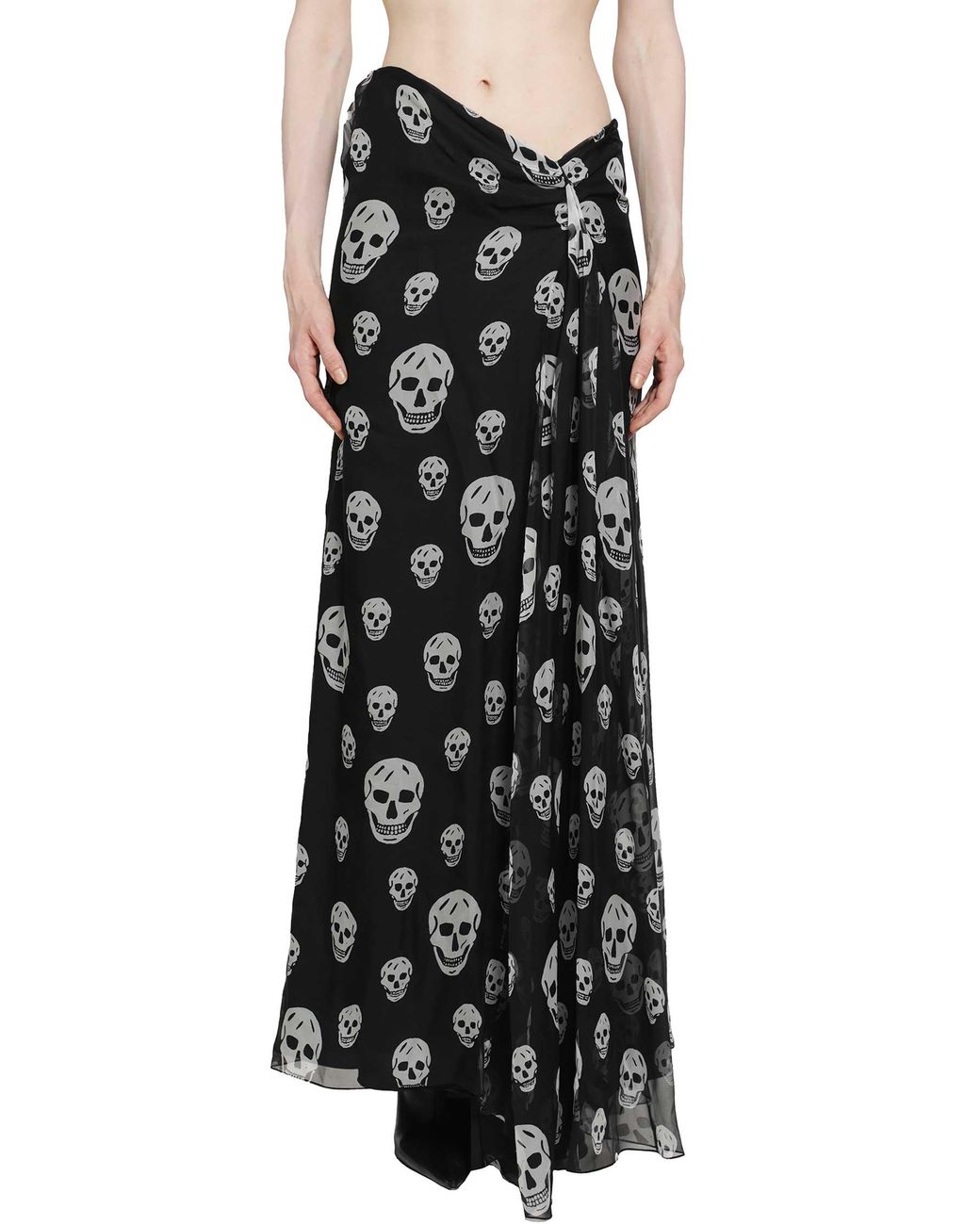 McQueen Black Skull Print Draped Maxi Skirt
