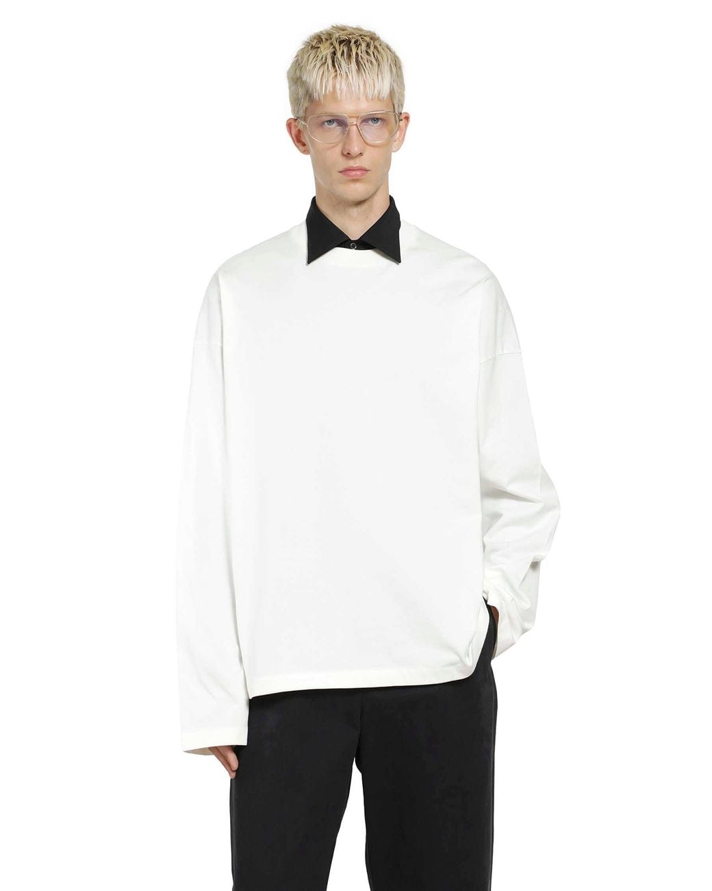 Jil Sander White Cotton Crewneck Long Sleeve T-Shirt for men