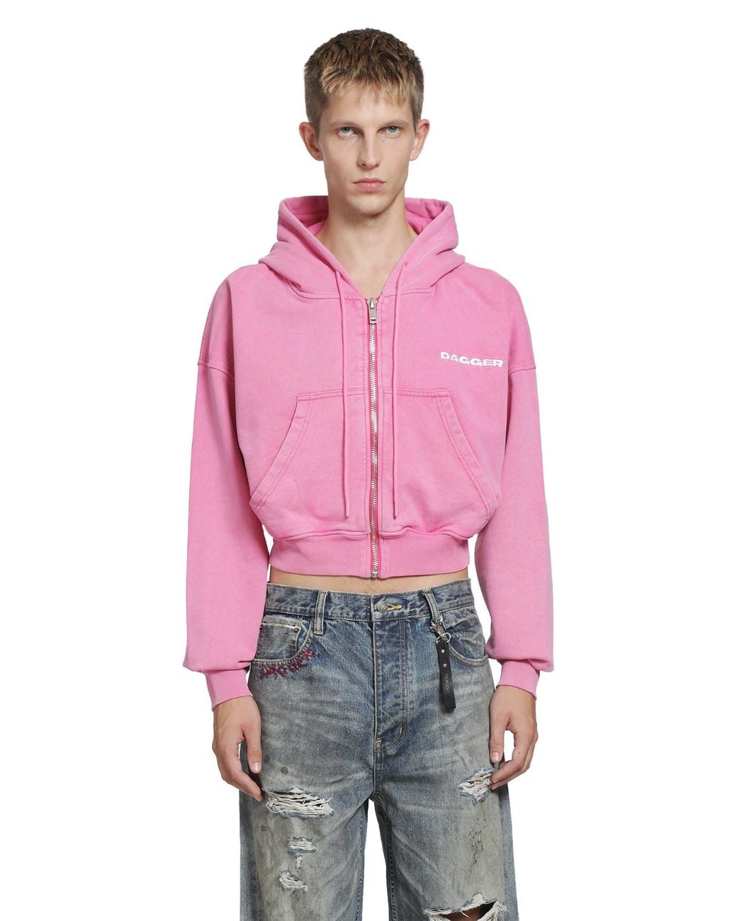 DAGGER Red Cropped Zip-Up Hoodie for men
