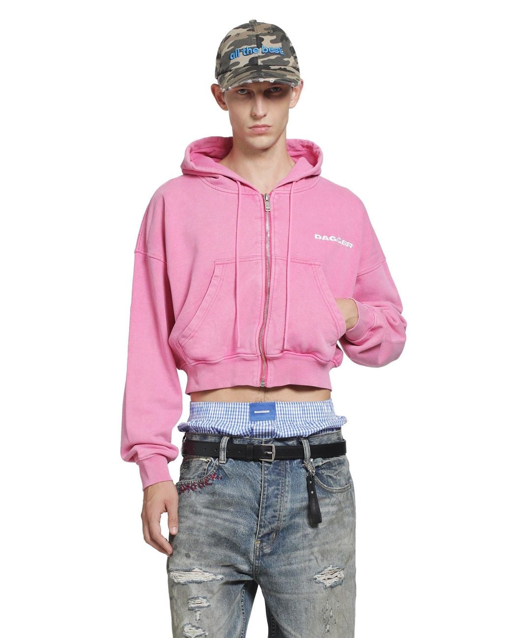DAGGER Red Cropped Zip-Up Hoodie for men