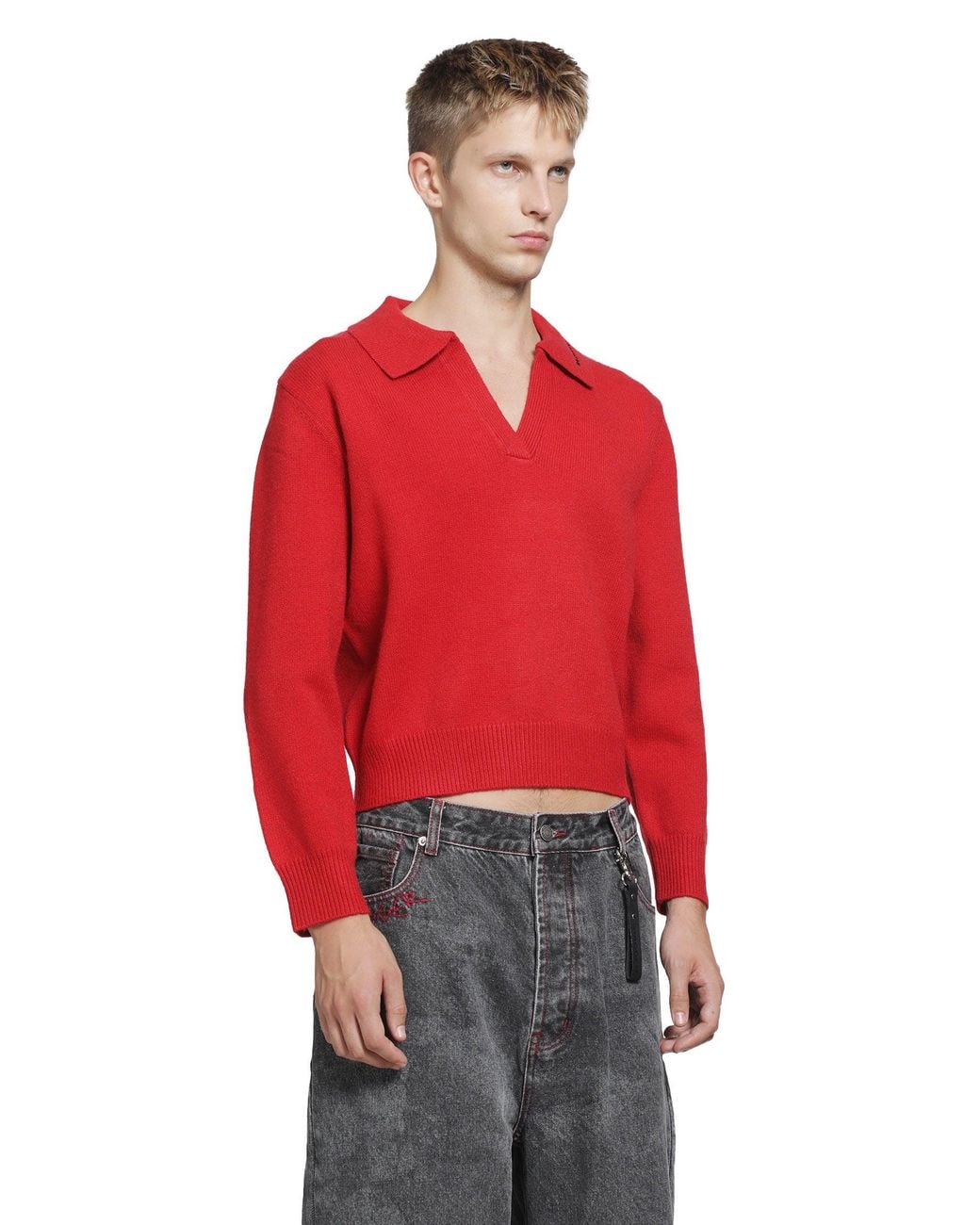 DAGGER Red Croped Knit Polo for men