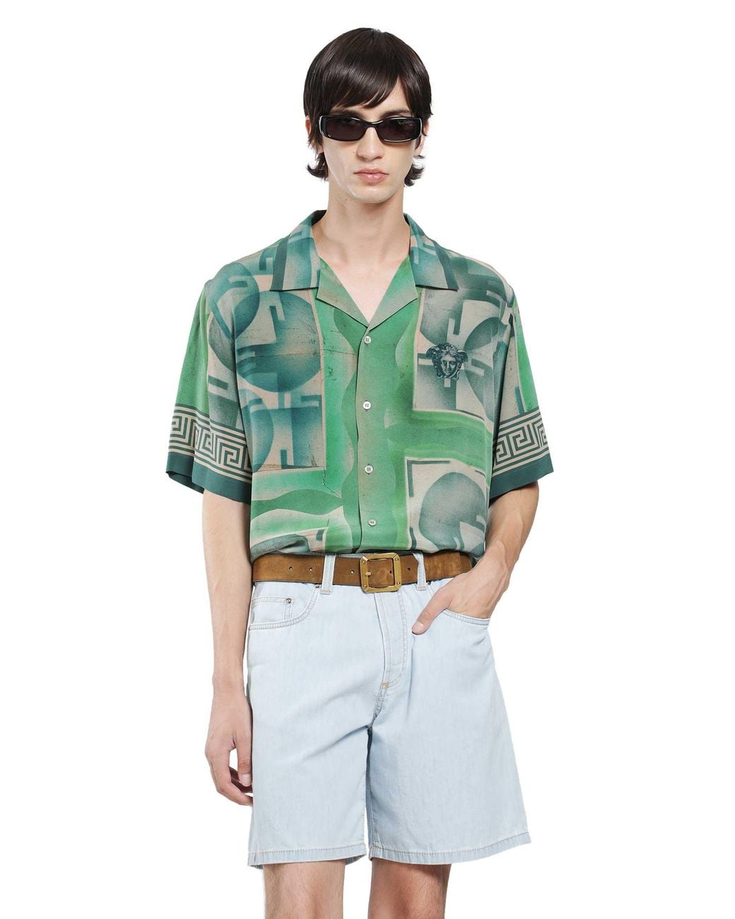 Versace Green Printed Crêpe De Chine Silk Shirt for men