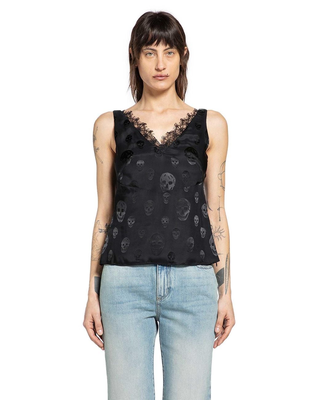 McQueen Black Skull Print Lace Trim Top
