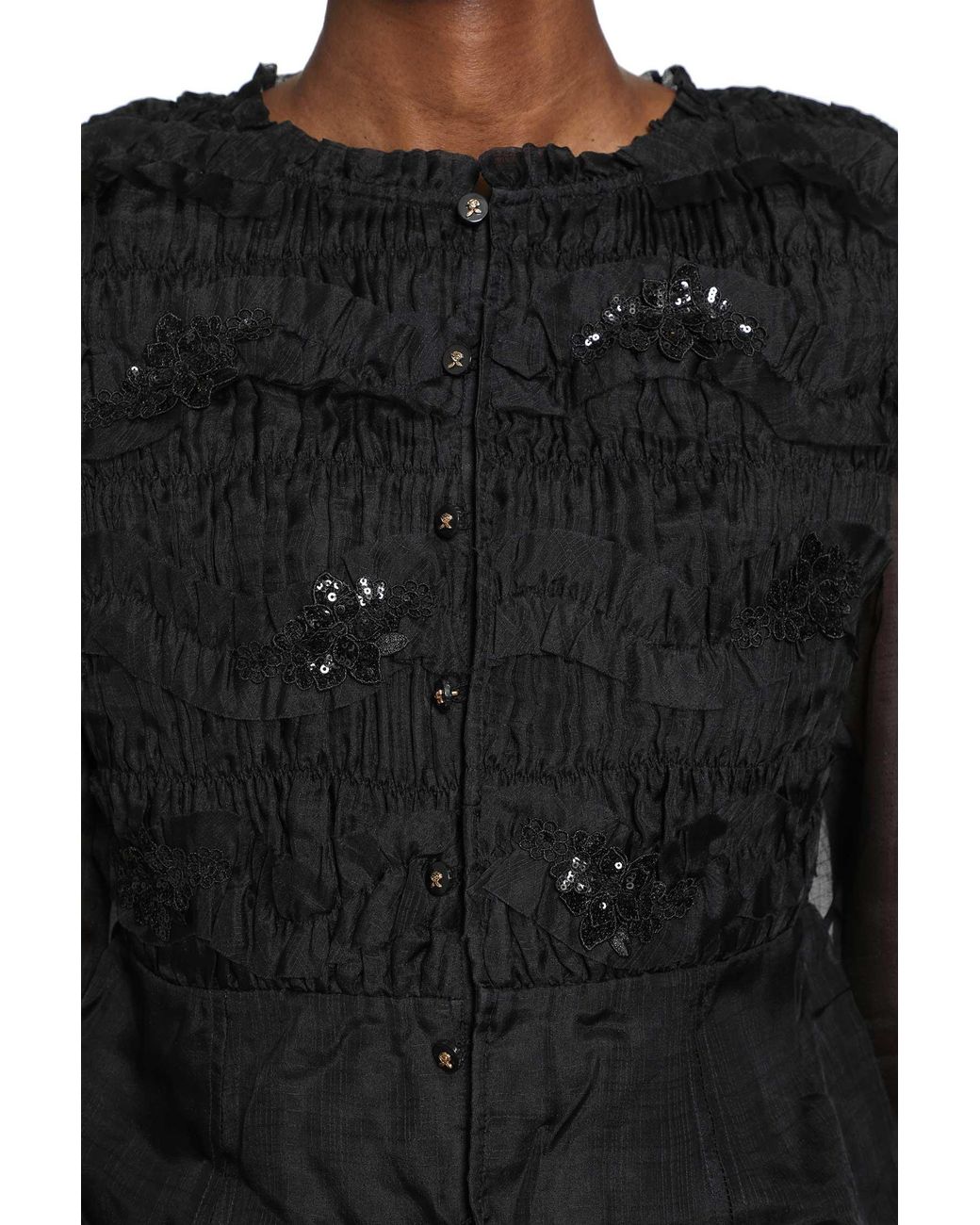 Renli Su Black Shirred Silk Twill And Organza Shirt