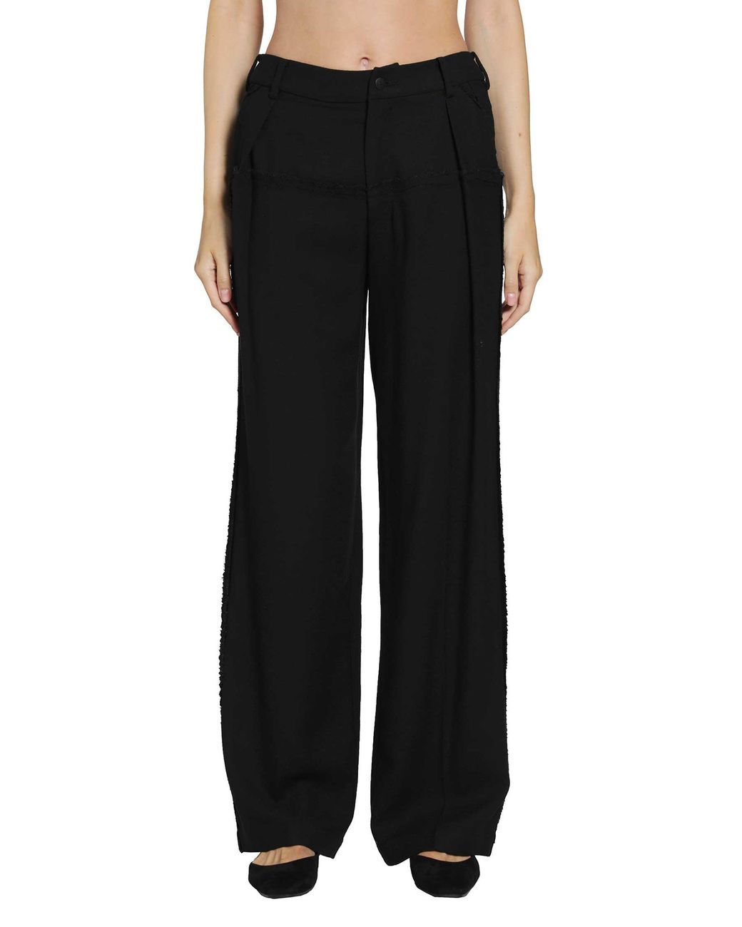 Yehuafan Black Wool Wide-Leg Trousers