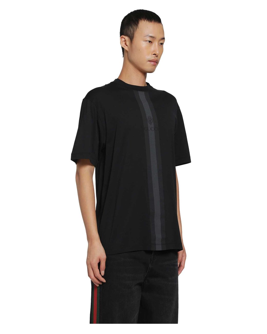 Gucci Black Cotton T-Shirt With Muted Web for men