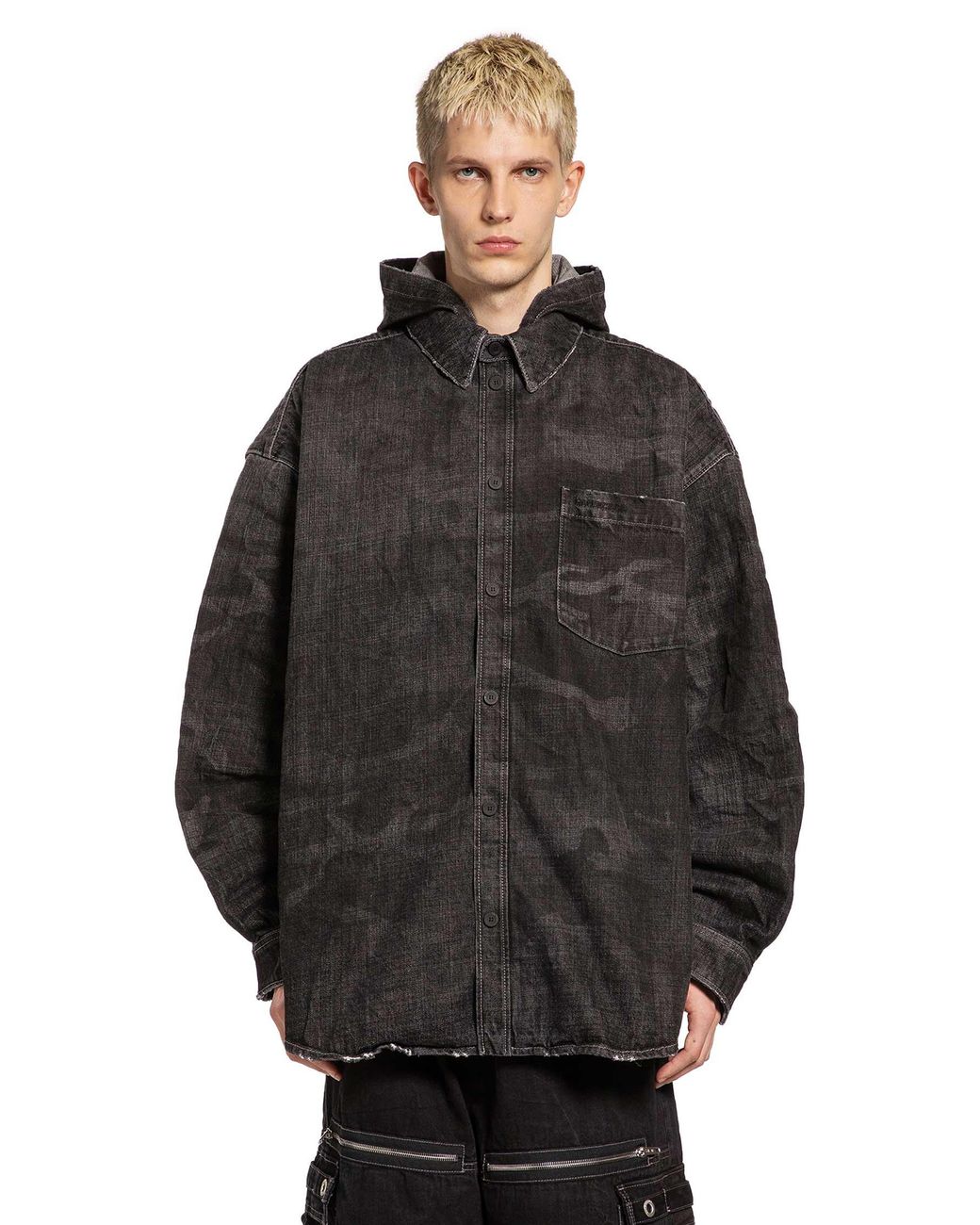 Balenciaga Black Washed Camo Denim Hooded Shirt for men