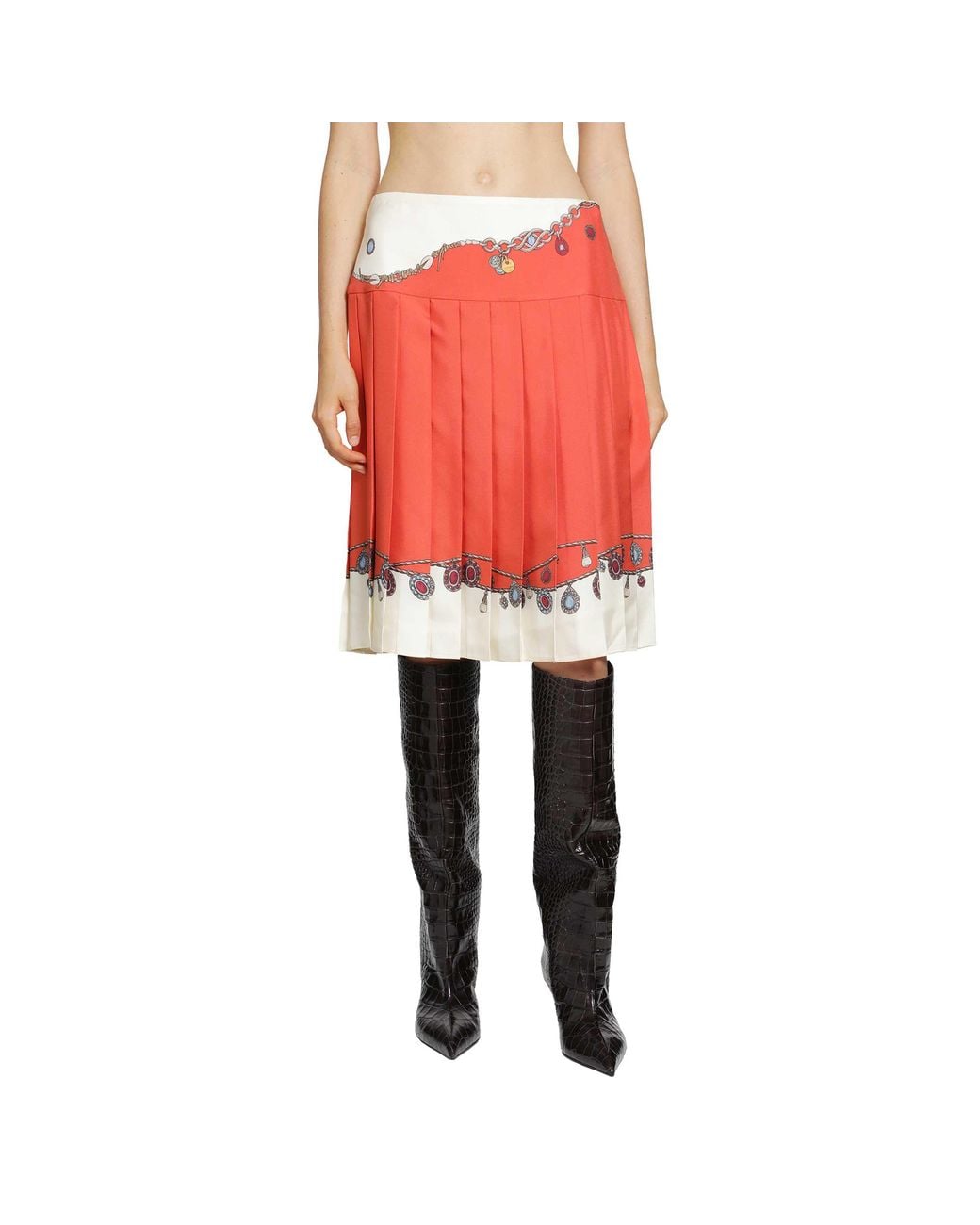 Versace Red Printed Twill Silk Midi Skirt