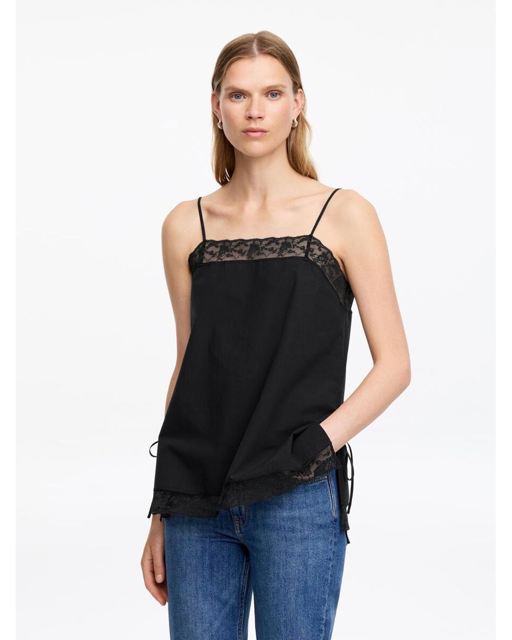 ARKET Black Lace-Trim Cotton Strap Top