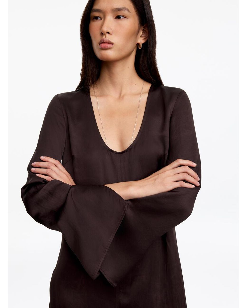 ARKET Brown Scoop-Neck Satin Dress