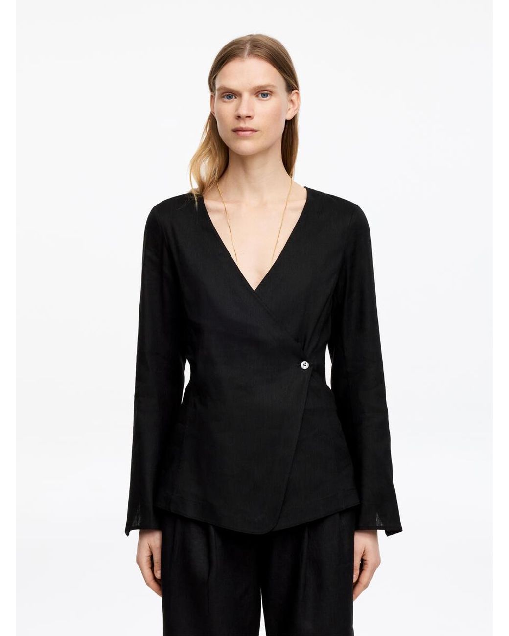 ARKET Black Linen Blend Wrap Blouse