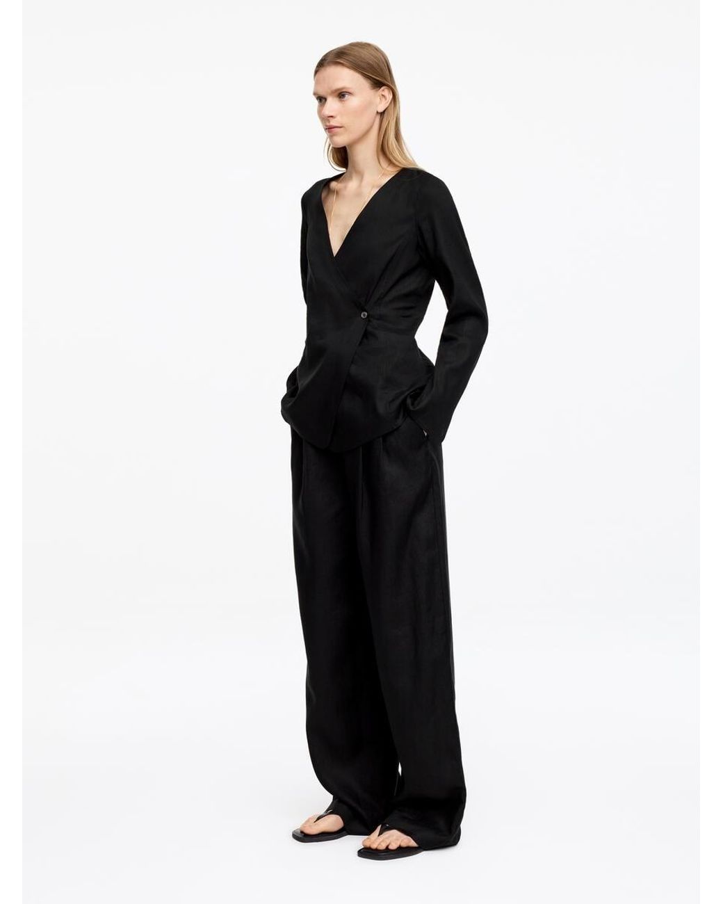 ARKET Black Linen Blend Wrap Blouse