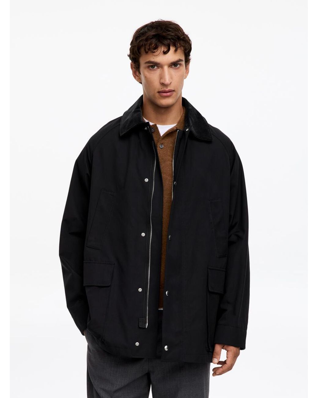 ARKET Black Waxed Mid-Length Coat for men
