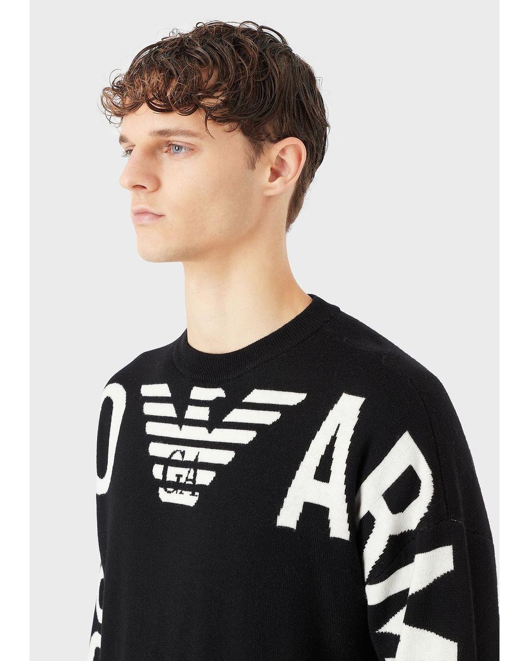 Emporio Armani Virgin-wool Jumper With Jacquard Oversized Ea Logo in Black  for Men | Lyst