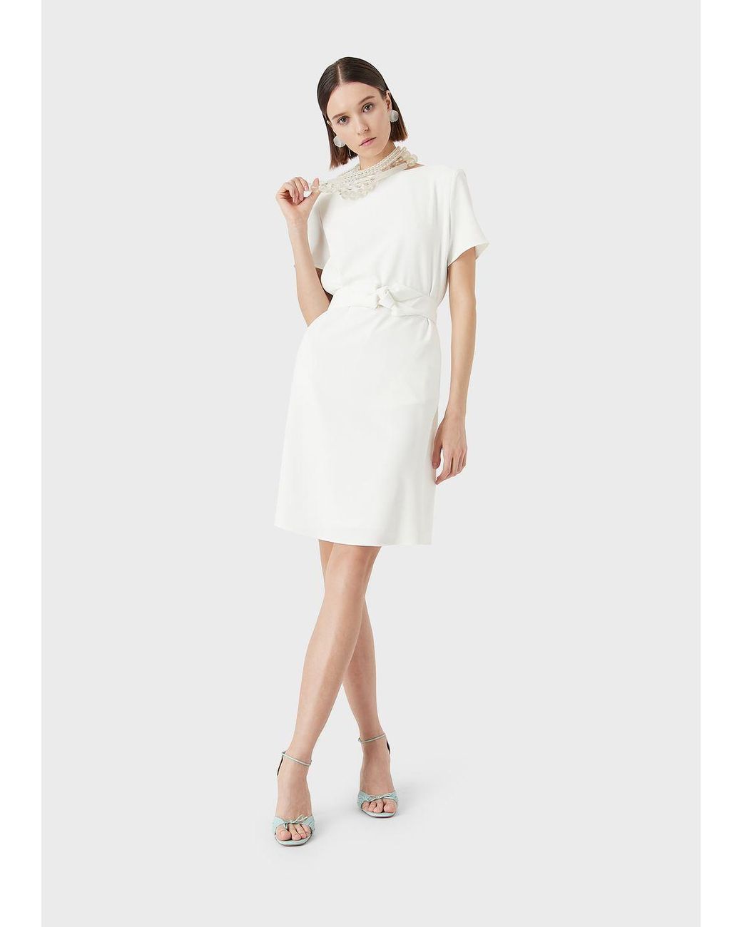 Emporio Armani Fluid Crêpe Dress With Knotted Belt in White | Lyst