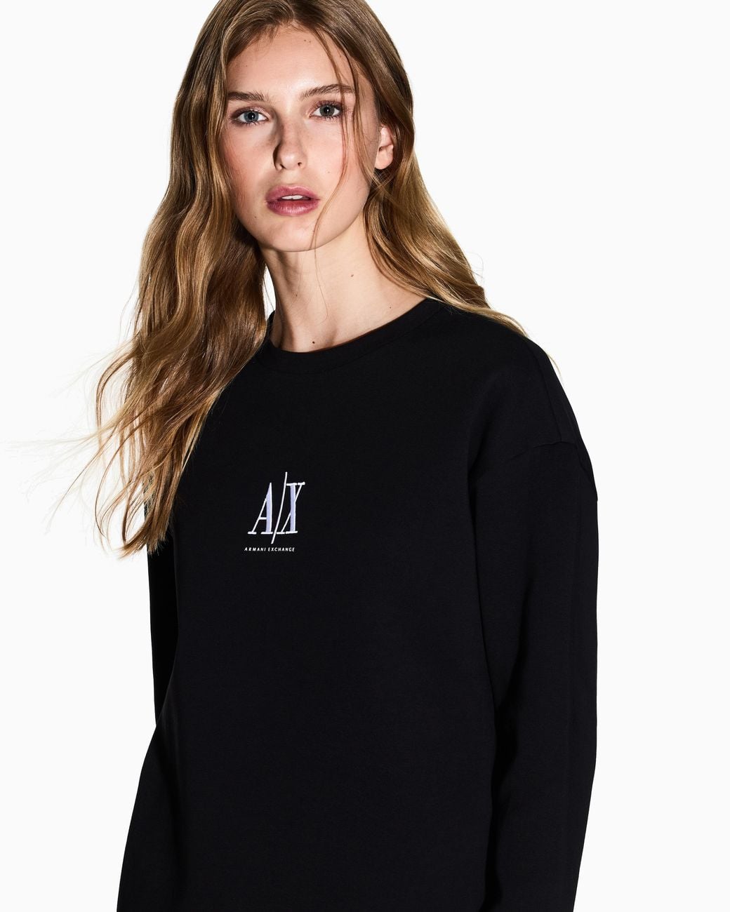 ARMANI EXCHANGE Black Crew-Neck Stretch Cotton Sweatshirt With A Logo Icon