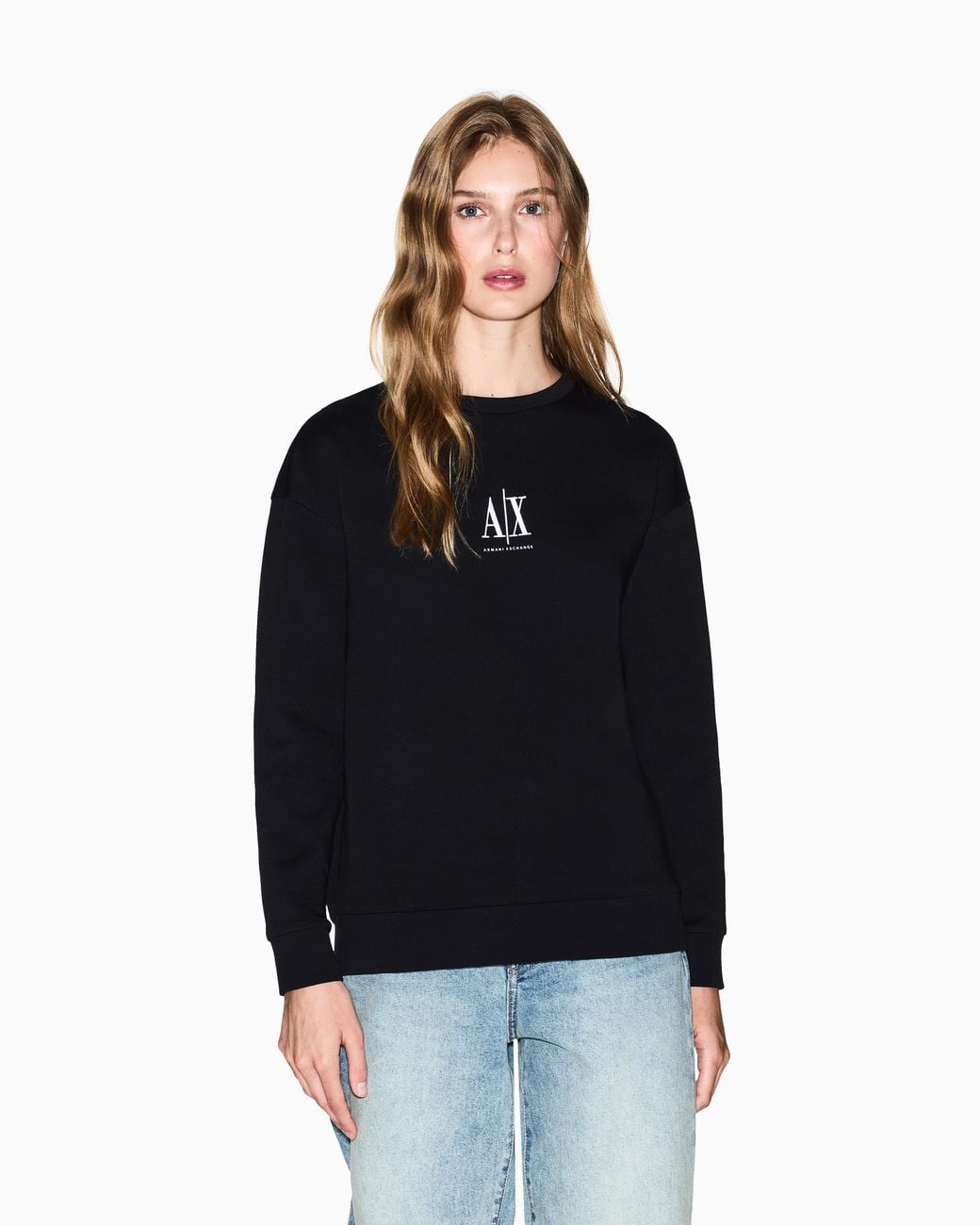 ARMANI EXCHANGE Black Crew-Neck Stretch Cotton Sweatshirt With A Logo Icon