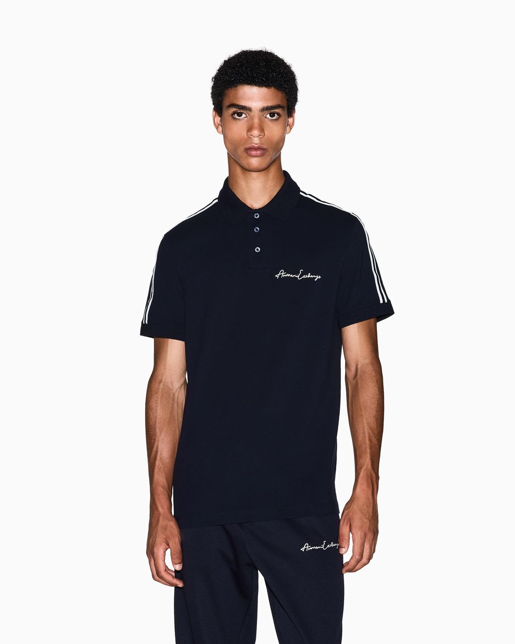 ARMANI EXCHANGE Blue Stretch Cotton Piquet Polo With Stripes And Logo Essential for men