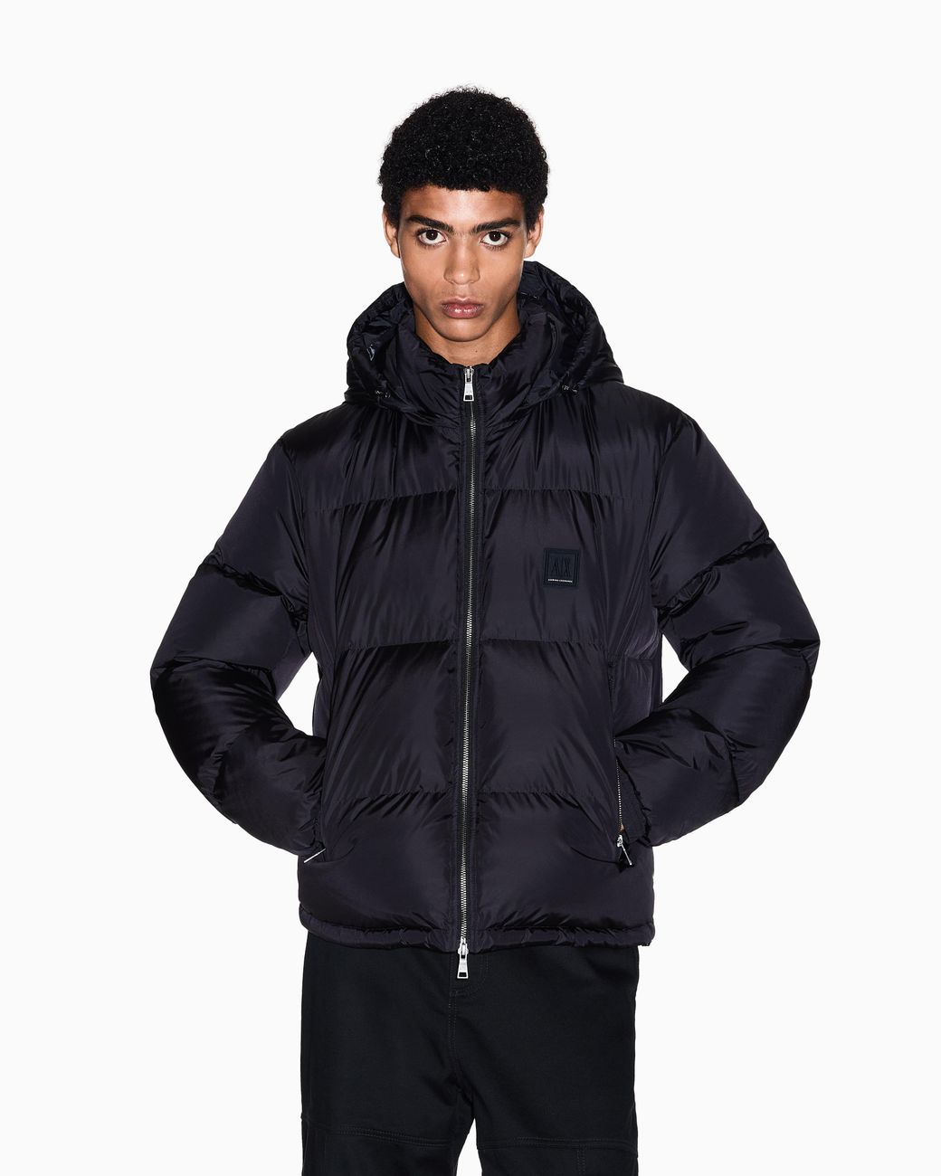 ARMANI EXCHANGE Blue Shiny Quilted Puffer Jacket With Hood And Down Padding Icon for men
