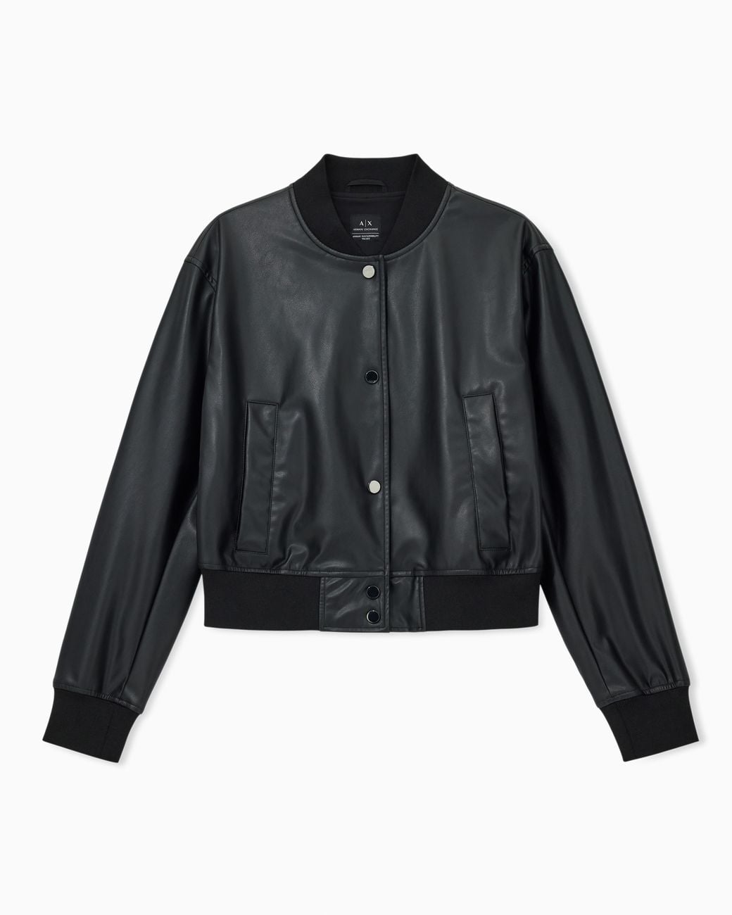 ARMANI EXCHANGE Black Faux Leather Bomber Jacket With Ribbed Trims Essential