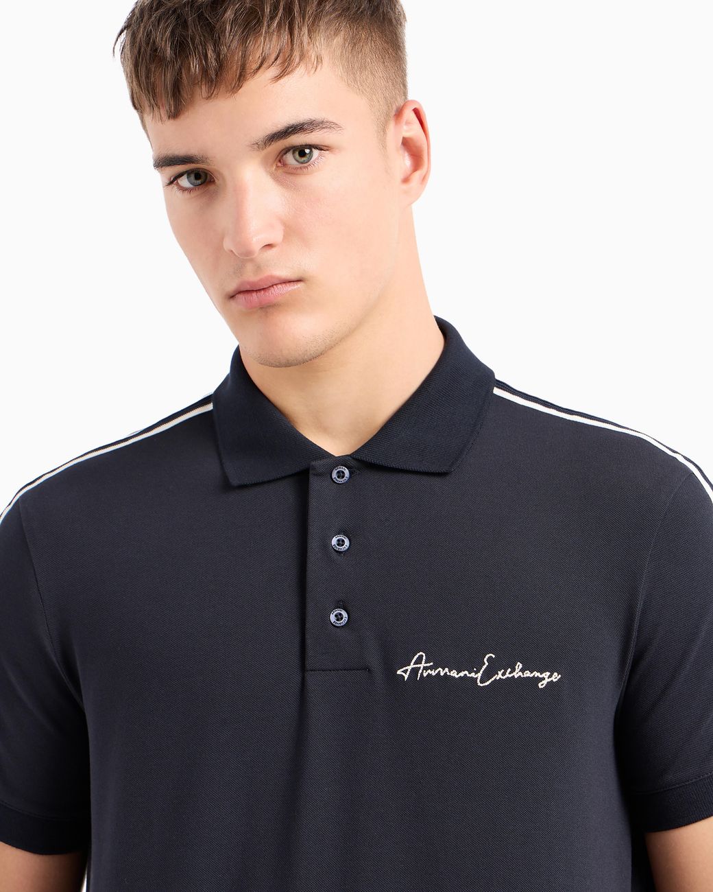 ARMANI EXCHANGE Blue Stretch Cotton Piquet Polo With Stripes And Logo Essential for men