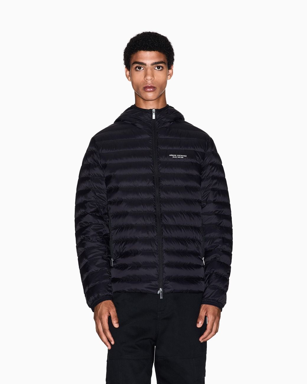 ARMANI EXCHANGE Black Quilted Nylon Down Puffer Jacket With Hood Essential for men
