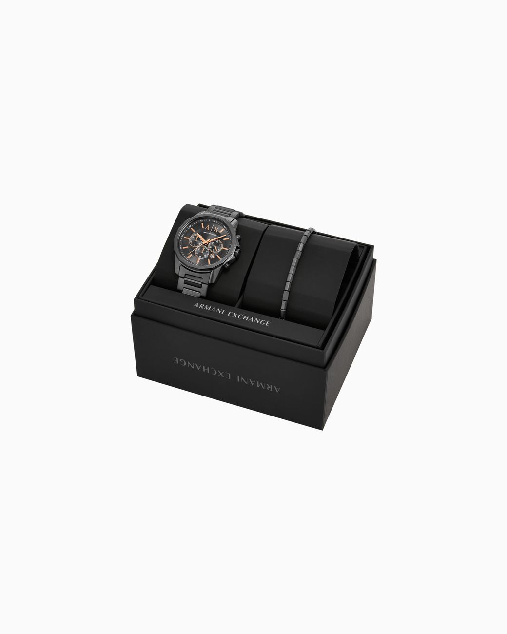 ARMANI EXCHANGE White Chronograph Gunmetal Stainless Steel Watch And Bracelet Gift Set for men
