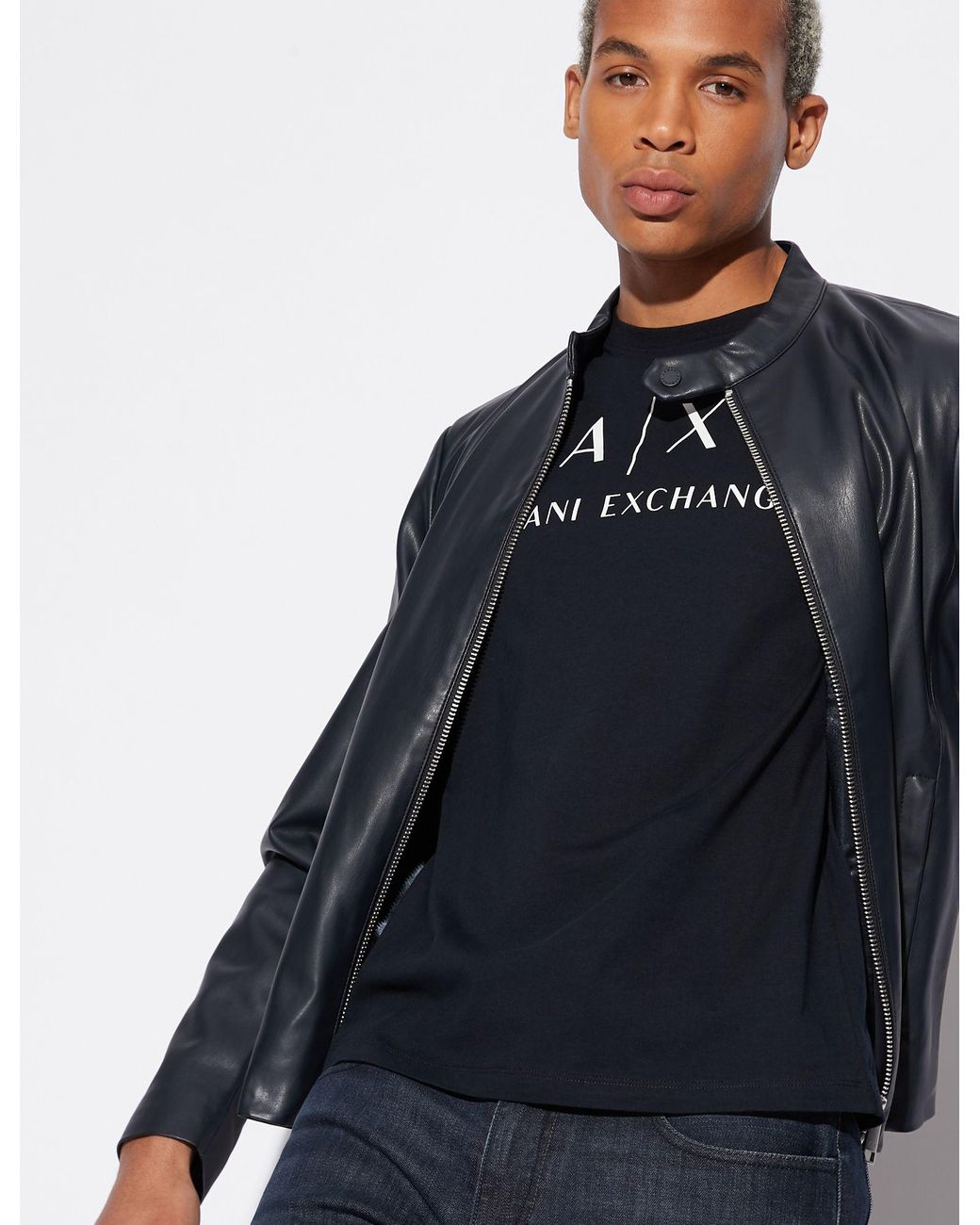 armani exchange faux shearling worker jacket in black