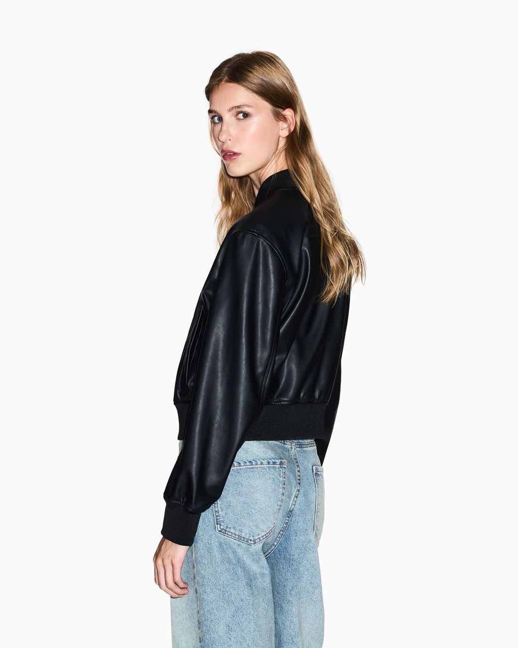 ARMANI EXCHANGE Black Faux Leather Bomber Jacket With Ribbed Trims Essential