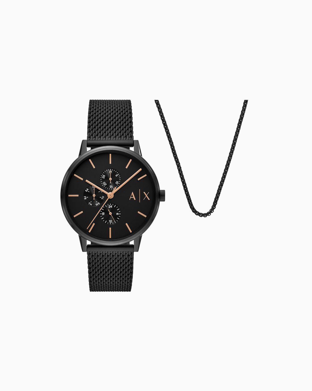ARMANI EXCHANGE Black Multifunction Stainless Steel Watch And Necklace Set for men