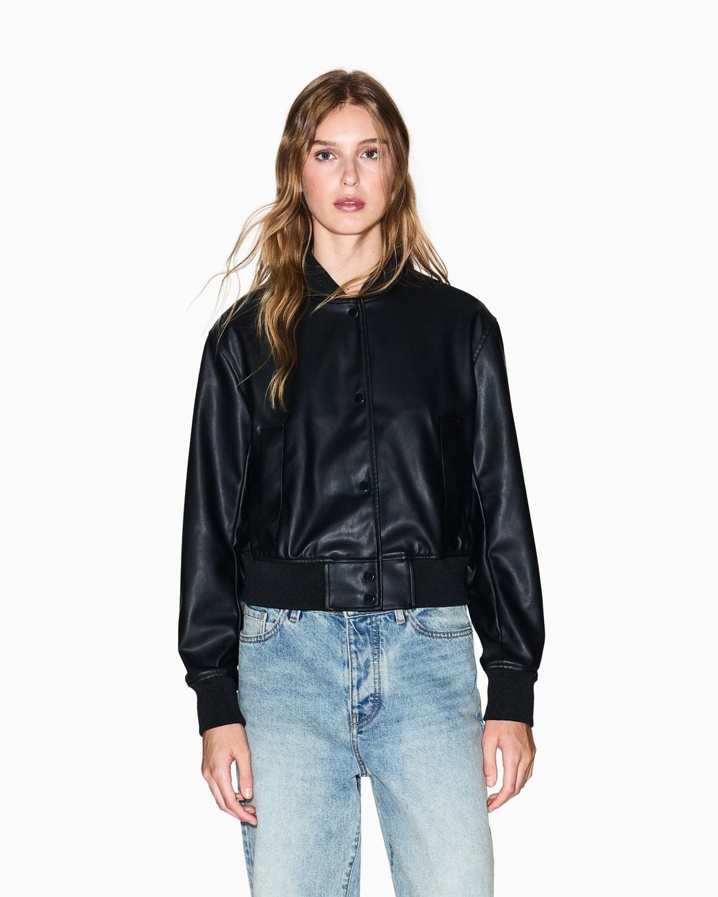 ARMANI EXCHANGE Black Faux Leather Bomber Jacket With Ribbed Trims Essential