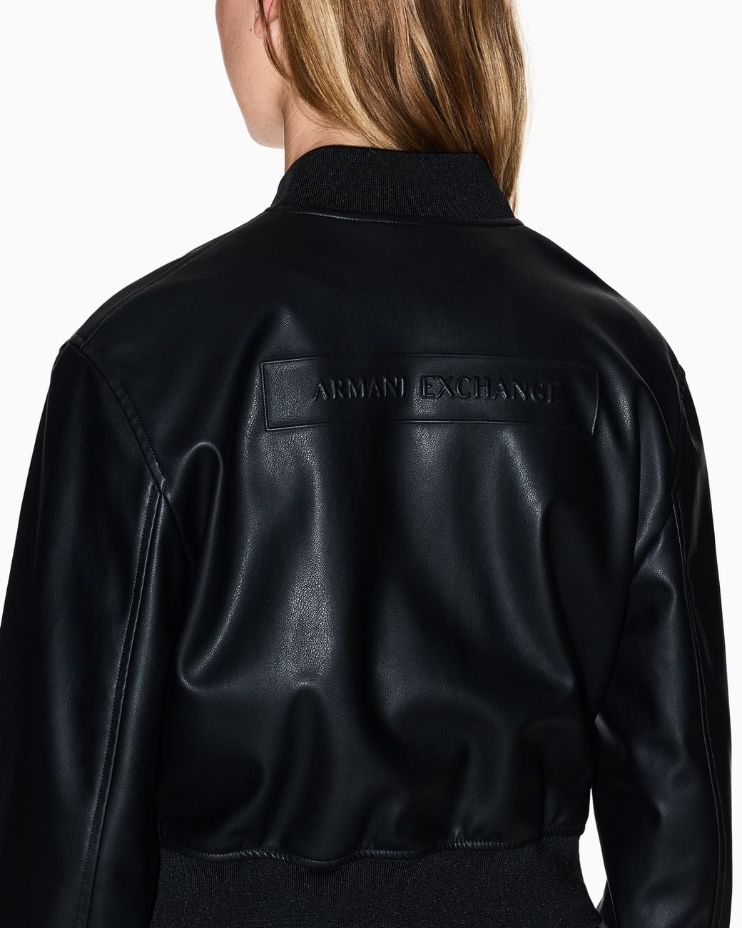 ARMANI EXCHANGE Black Faux Leather Bomber Jacket With Ribbed Trims Essential