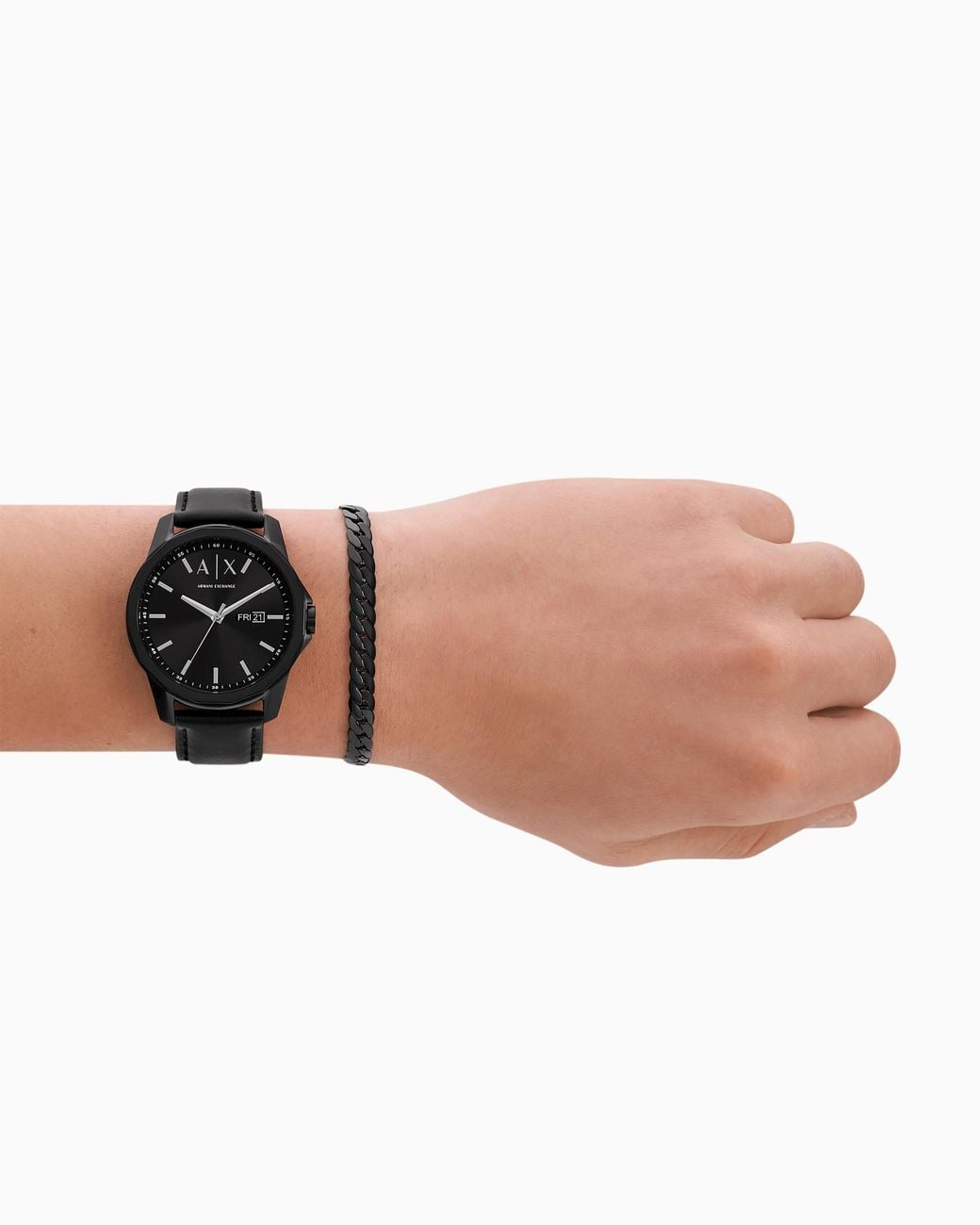 ARMANI EXCHANGE Black Leather Watch With Three-Hand Date Display And Stainless Steel Bracelet for men