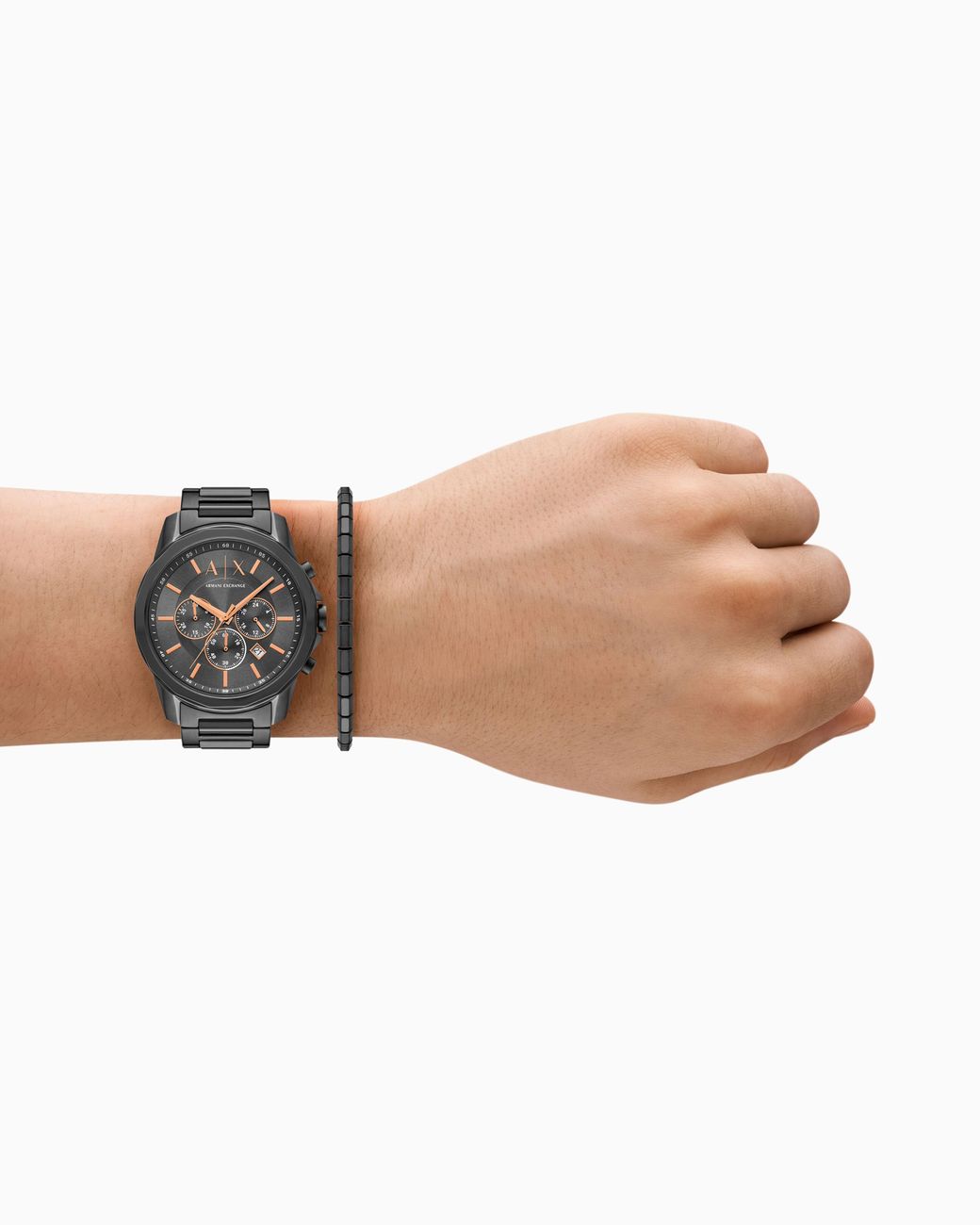 ARMANI EXCHANGE White Chronograph Gunmetal Stainless Steel Watch And Bracelet Gift Set for men
